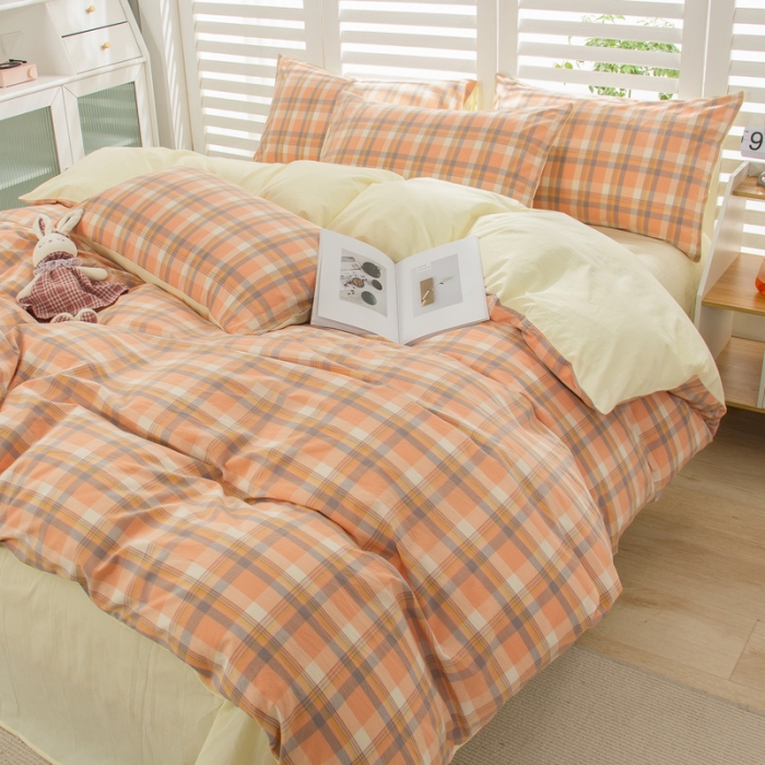 91家纺网 家纺一手货源 找家纺 柠萌家居 2022新A类全棉色织水洗棉无印风格四件套 简兮桔