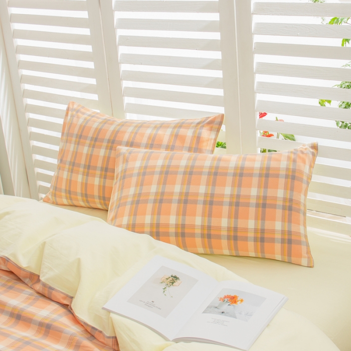 91家纺网 家纺一手货源 找家纺 柠萌家居 2022新A类全棉色织水洗棉无印风格四件套 简兮桔