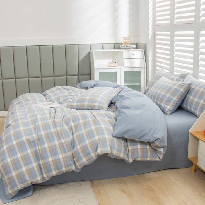 91家纺网 家纺一手货源 找家纺 柠萌家居 2022新A类全棉色织水洗棉无印风格四件套 简兮兰