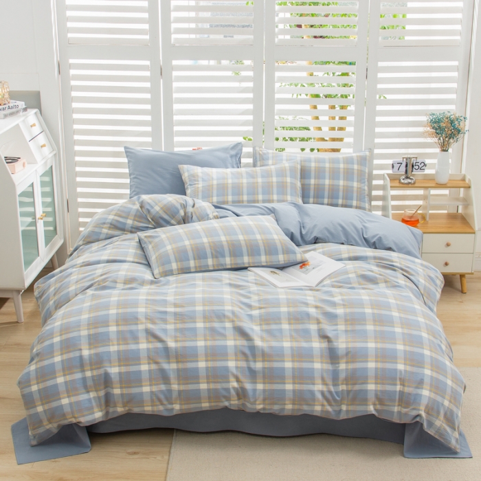 91家纺网 家纺一手货源 找家纺 柠萌家居 2022新A类全棉色织水洗棉无印风格四件套 简兮兰