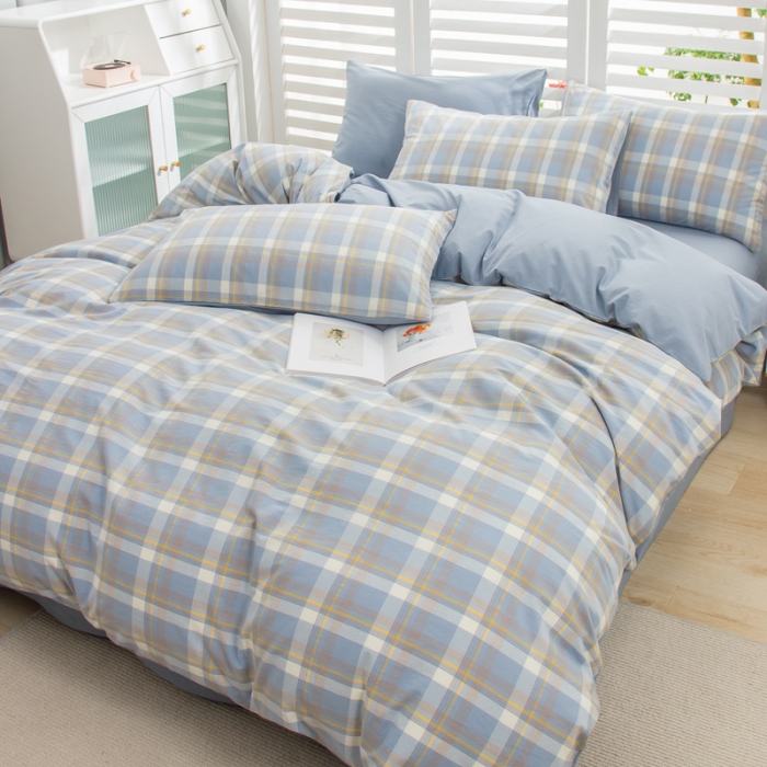 91家纺网 家纺一手货源 找家纺 柠萌家居 2022新A类全棉色织水洗棉无印风格四件套 简兮兰