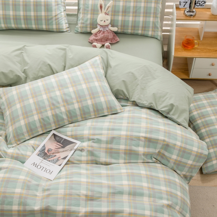 91家纺网 家纺一手货源 找家纺 柠萌家居 2022新A类全棉色织水洗棉无印风格四件套 简兮绿