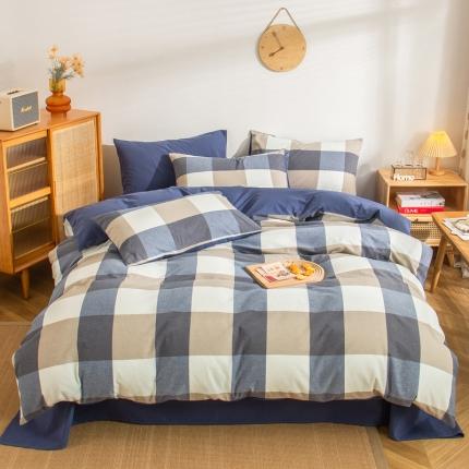 柠萌家居 2022新A类全棉色织水洗棉无印风格四件套 蓝调格