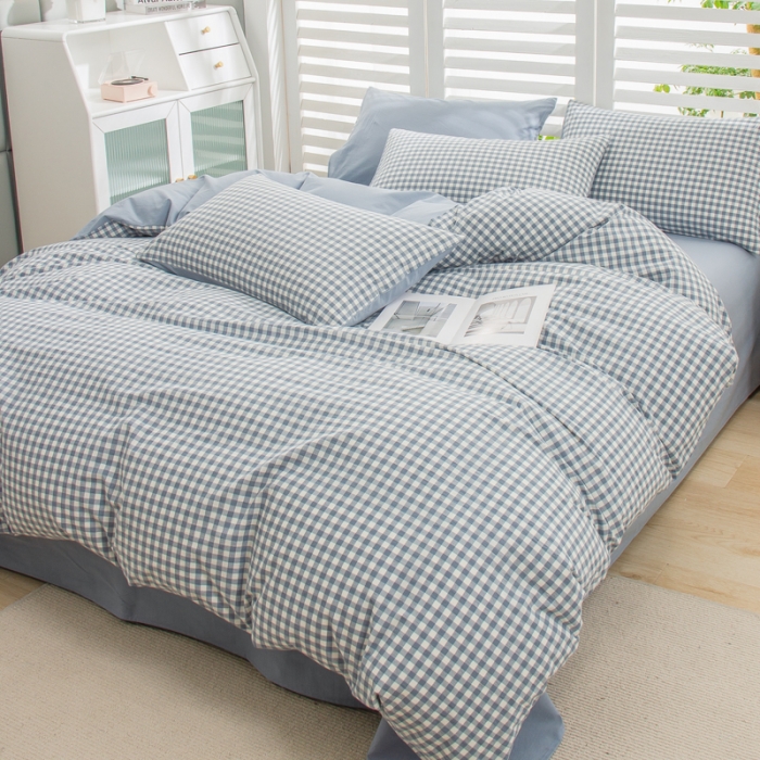 91家纺网 家纺一手货源 找家纺 柠萌家居 2022新A类全棉色织水洗棉无印风格四件套 蓝小格