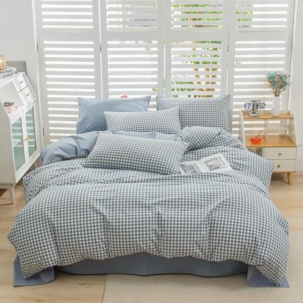 柠萌家居 2022新A类全棉色织水洗棉无印风格四件套 蓝小格