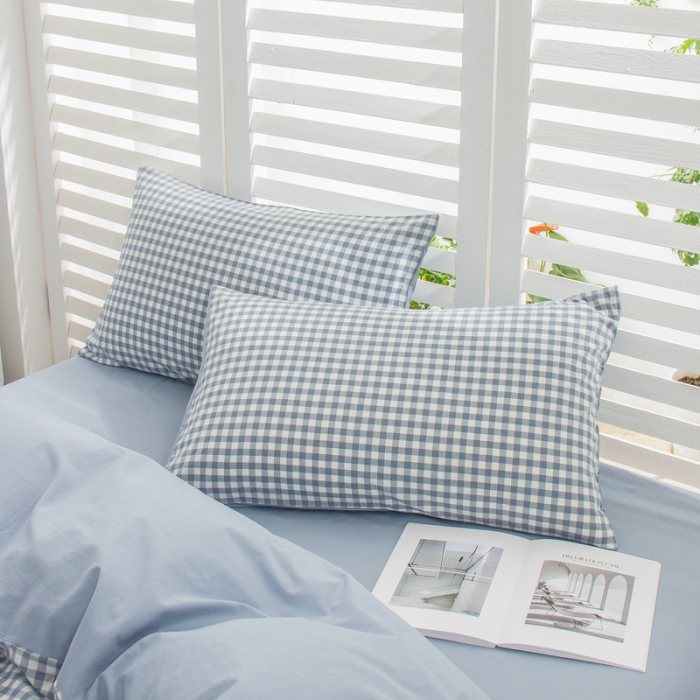 91家纺网 家纺一手货源 找家纺 柠萌家居 2022新A类全棉色织水洗棉无印风格四件套 蓝小格