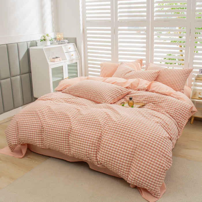 91家纺网 家纺一手货源 找家纺 柠萌家居 2022新A类全棉色织水洗棉无印风格四件套 蜜粉格