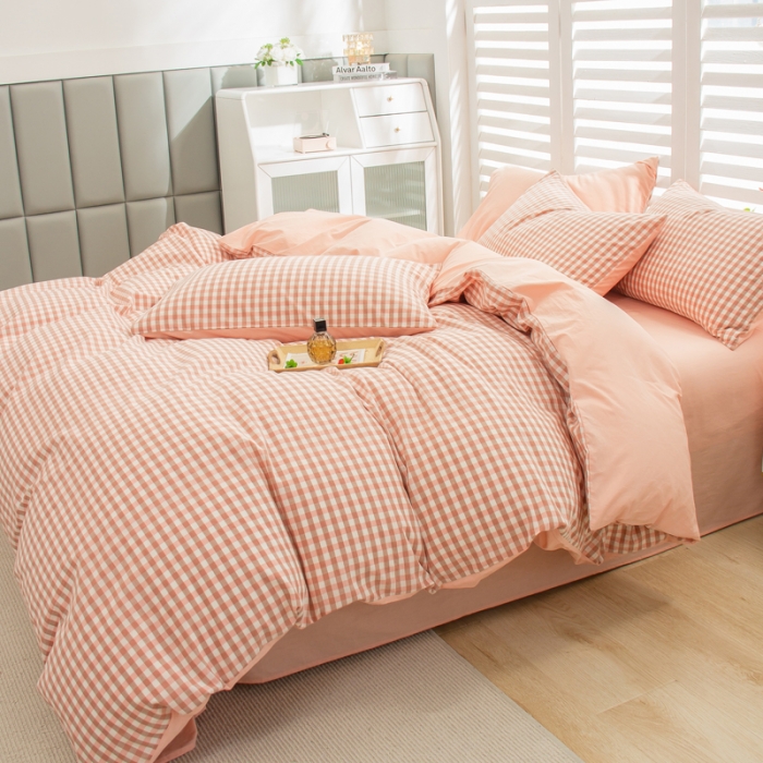 91家纺网 家纺一手货源 找家纺 柠萌家居 2022新A类全棉色织水洗棉无印风格四件套 蜜粉格