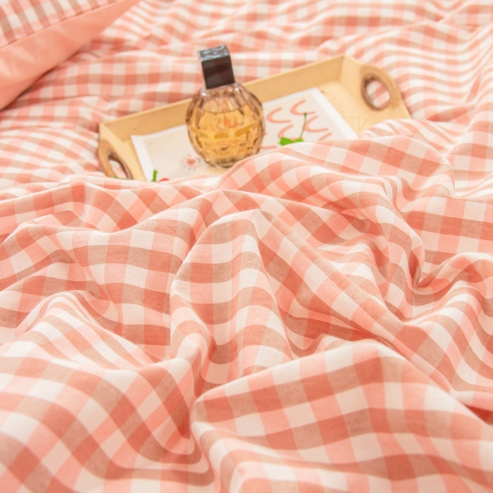 91家纺网 家纺一手货源 找家纺 柠萌家居 2022新A类全棉色织水洗棉无印风格四件套 蜜粉格