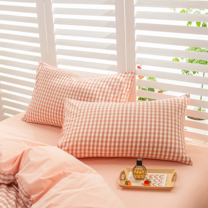 91家纺网 家纺一手货源 找家纺 柠萌家居 2022新A类全棉色织水洗棉无印风格四件套 蜜粉格