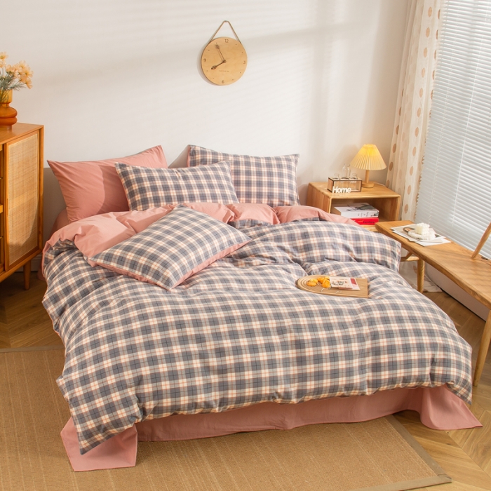 91家纺网 家纺一手货源 找家纺 柠萌家居 2022新A类全棉色织水洗棉无印风格四件套 清雅灰