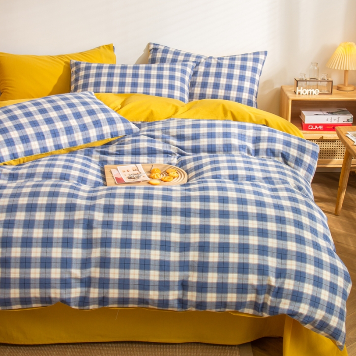 91家纺网 家纺一手货源 找家纺 柠萌家居 2022新A类全棉色织水洗棉无印风格四件套 清雅兰