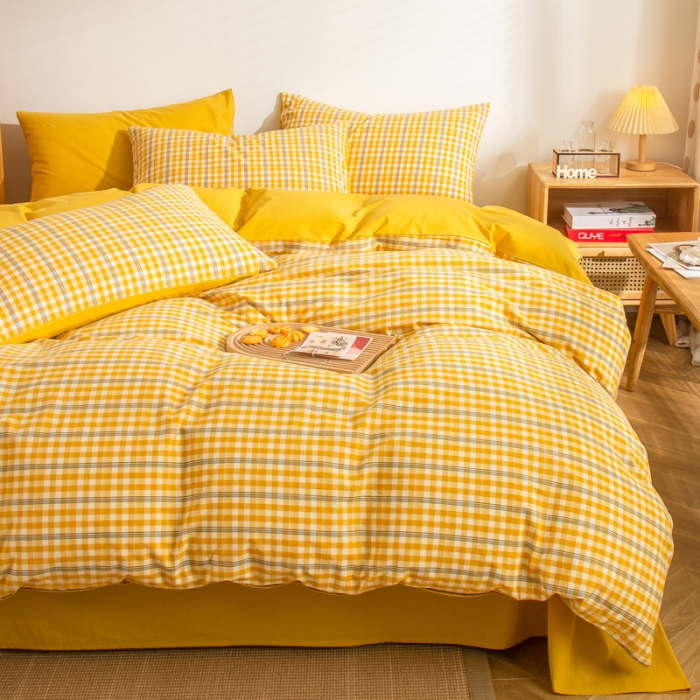 91家纺网 家纺一手货源 找家纺 柠萌家居 2022A类全棉色织水洗棉无印风格四件套 恬静黄