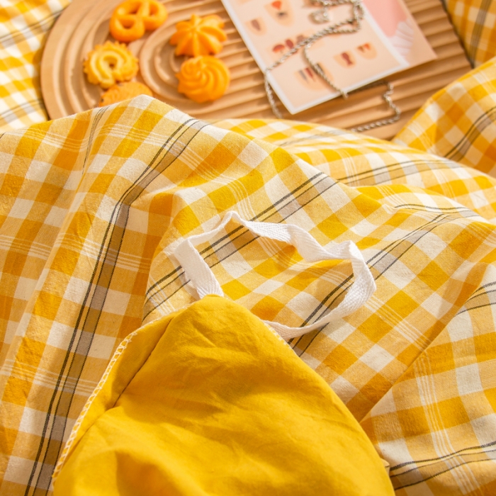 91家纺网 家纺一手货源 找家纺 柠萌家居 2022A类全棉色织水洗棉无印风格四件套 恬静黄