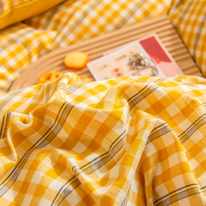 91家纺网 家纺一手货源 找家纺 柠萌家居 2022A类全棉色织水洗棉无印风格四件套 恬静黄
