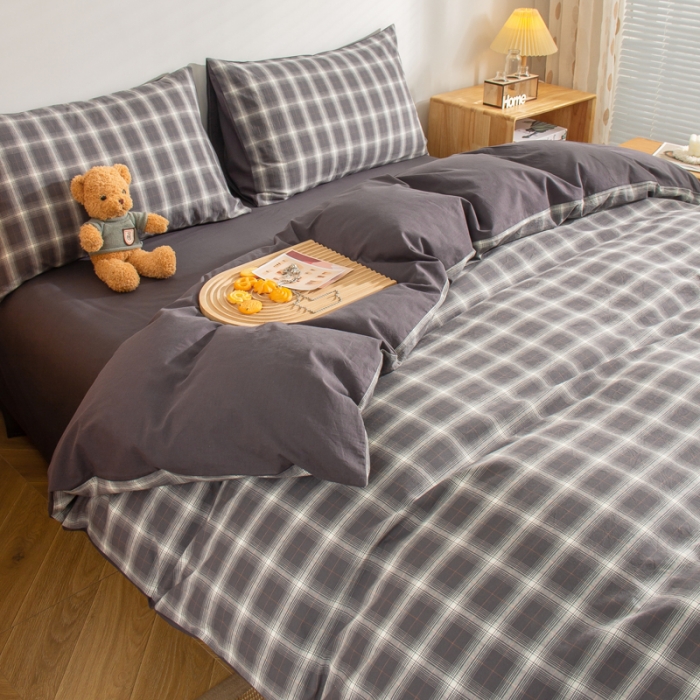 91家纺网 家纺一手货源 找家纺 柠萌家居 2022A类全棉色织水洗棉无印风四件套 午后时光灰