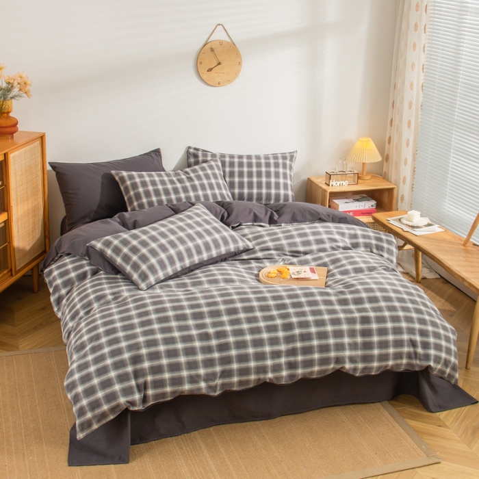 91家纺网 家纺一手货源 找家纺 柠萌家居 2022A类全棉色织水洗棉无印风四件套 午后时光灰