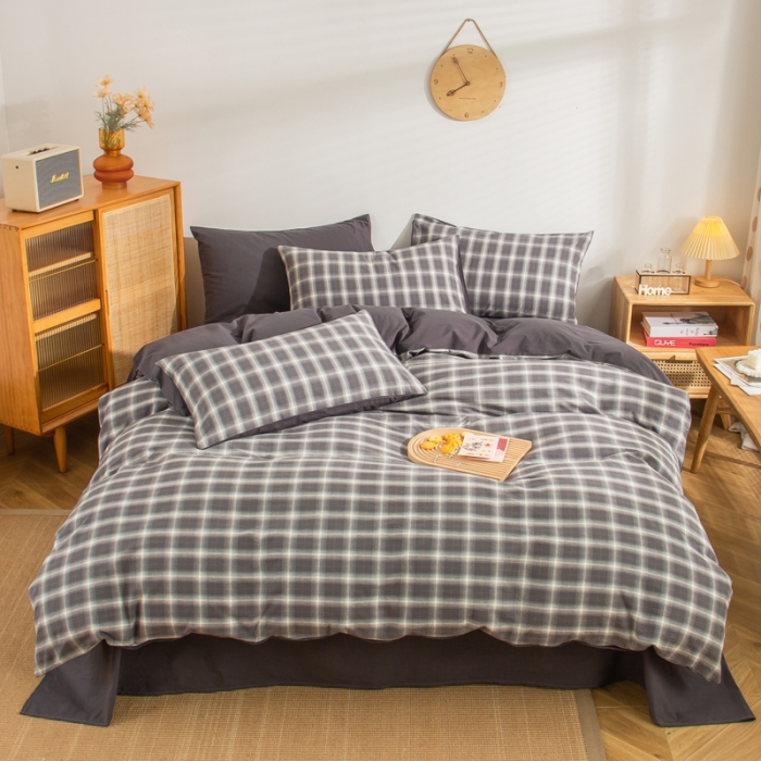 91家纺网 家纺一手货源 找家纺 柠萌家居 2022A类全棉色织水洗棉无印风四件套 午后时光灰