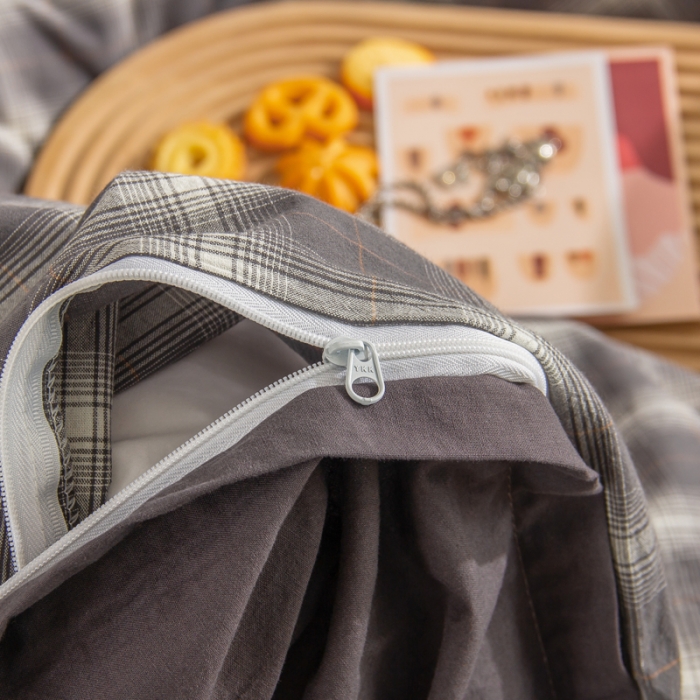 91家纺网 家纺一手货源 找家纺 柠萌家居 2022A类全棉色织水洗棉无印风四件套 午后时光灰