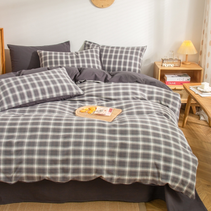 91家纺网 家纺一手货源 找家纺 柠萌家居 2022A类全棉色织水洗棉无印风四件套 午后时光灰