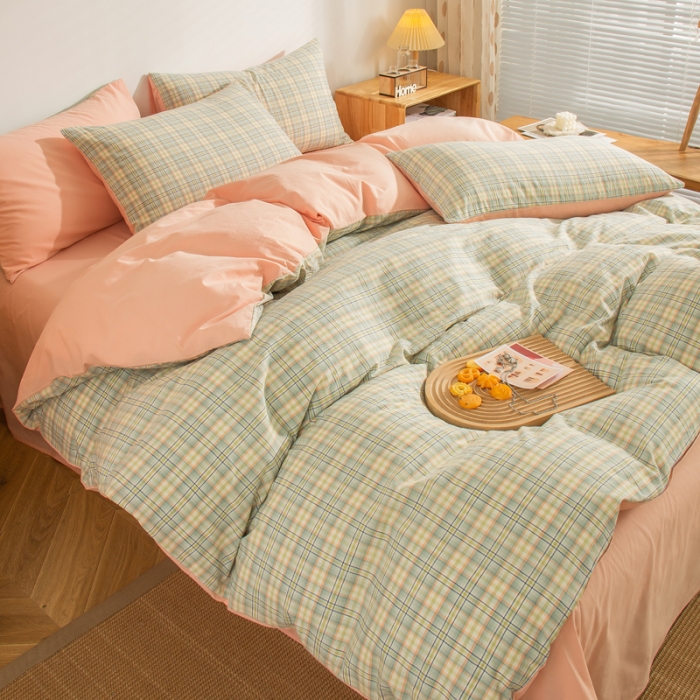 91家纺网 家纺一手货源 找家纺 柠萌家居 2022A类全棉色织水洗棉无印风格四件套 希拉绿