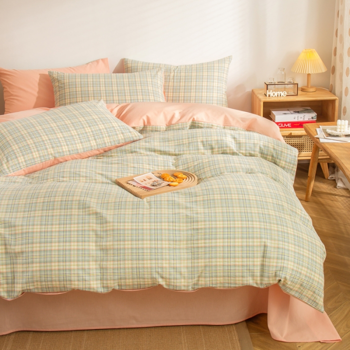 91家纺网 家纺一手货源 找家纺 柠萌家居 2022A类全棉色织水洗棉无印风格四件套 希拉绿