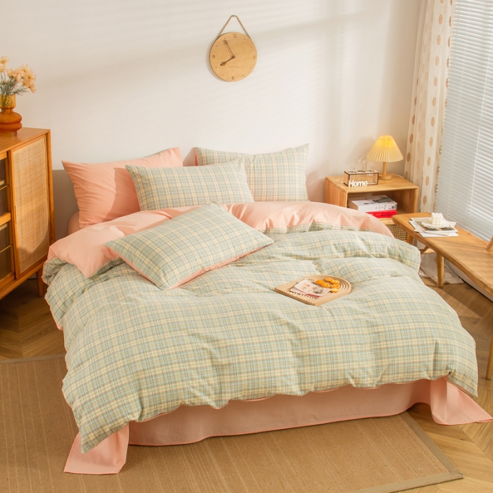 91家纺网 家纺一手货源 找家纺 柠萌家居 2022A类全棉色织水洗棉无印风格四件套 希拉绿