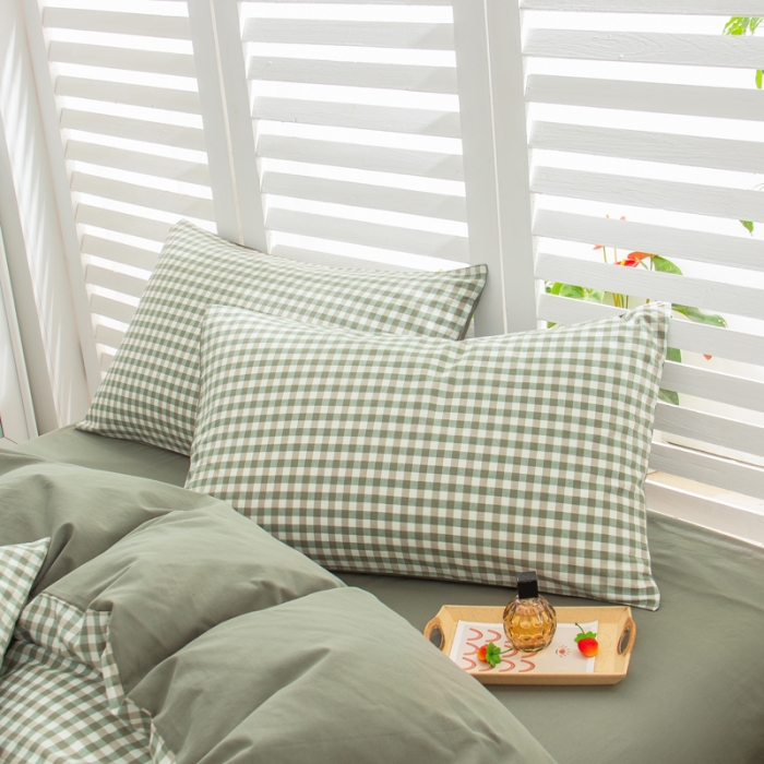 91家纺网 家纺一手货源 找家纺 柠萌家居 2022A类全棉色织水洗棉无印风格四件套 小格绿