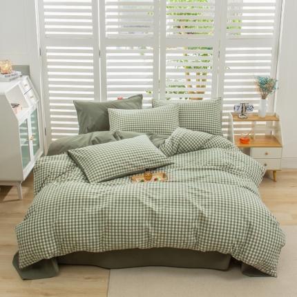 柠萌家居 2022A类全棉色织水洗棉无印风格四件套 小格绿