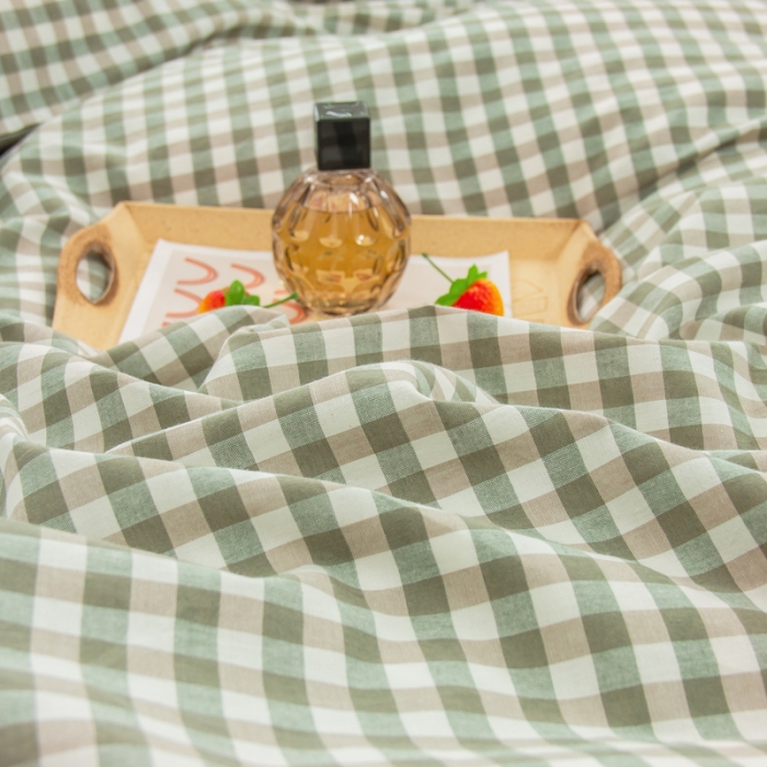 91家纺网 家纺一手货源 找家纺 柠萌家居 2022A类全棉色织水洗棉无印风格四件套 小格绿