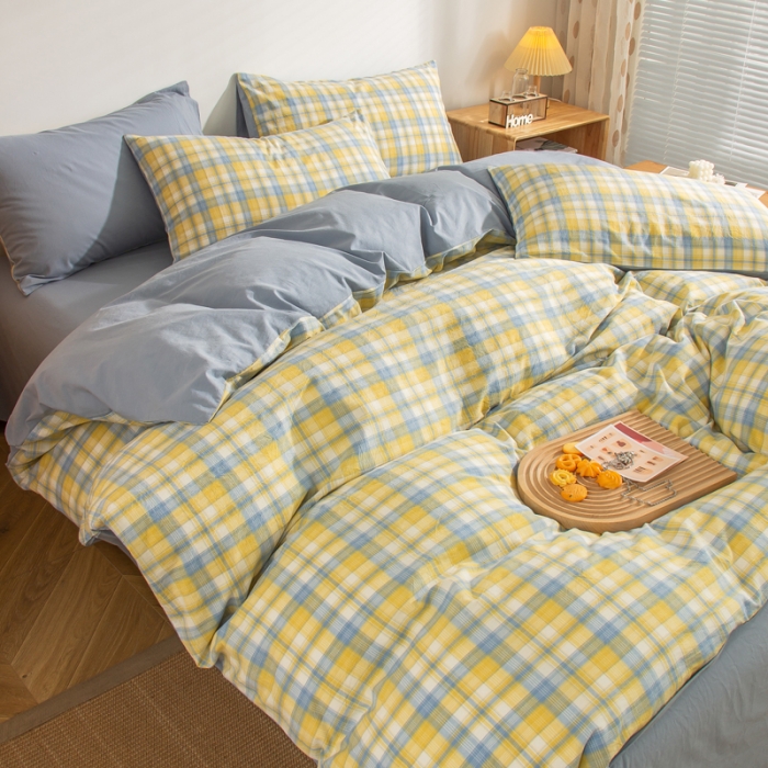 91家纺网 家纺一手货源 找家纺 柠萌家居 2022新款A类全棉色织水洗棉无印风格四件套 星空黄格