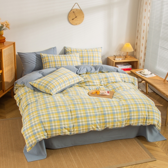 91家纺网 家纺一手货源 找家纺 柠萌家居 2022新款A类全棉色织水洗棉无印风格四件套 星空黄格