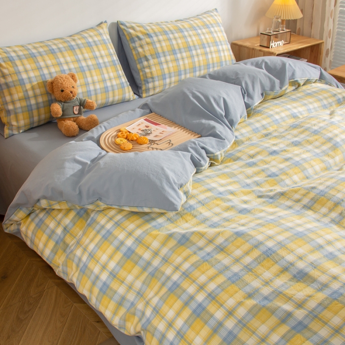 91家纺网 家纺一手货源 找家纺 柠萌家居 2022新款A类全棉色织水洗棉无印风格四件套 星空黄格