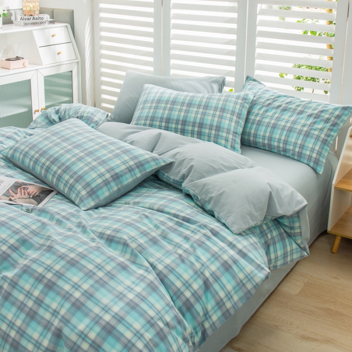 91家纺网 家纺一手货源 找家纺 柠萌家居 2022新款A类全棉色织水洗棉无印风格四件套 星空绿格