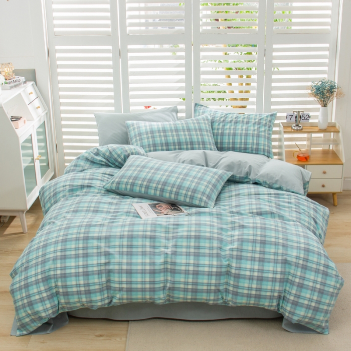 91家纺网 家纺一手货源 找家纺 柠萌家居 2022新款A类全棉色织水洗棉无印风格四件套 星空绿格