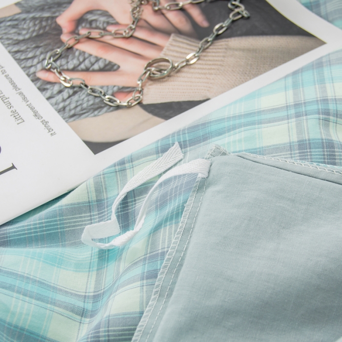 91家纺网 家纺一手货源 找家纺 柠萌家居 2022新款A类全棉色织水洗棉无印风格四件套 星空绿格