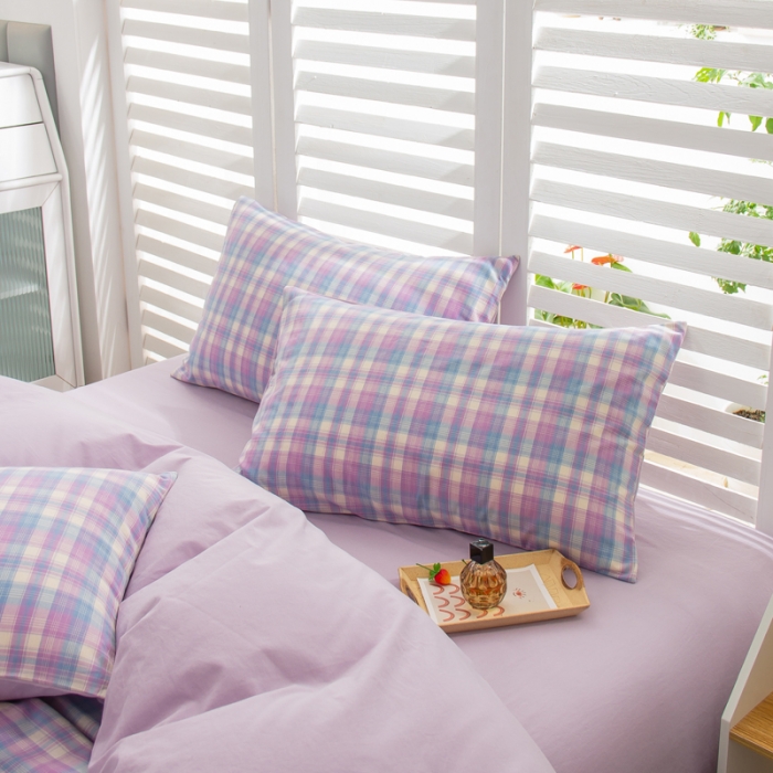 91家纺网 家纺一手货源 找家纺 柠萌家居 2022新款A类全棉色织水洗棉无印风格四件套 星空紫格