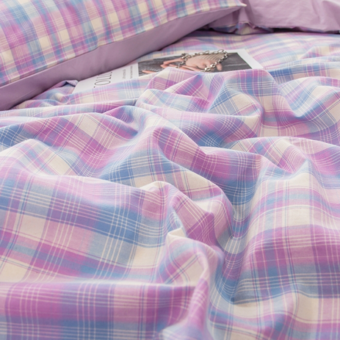 91家纺网 家纺一手货源 找家纺 柠萌家居 2022新款A类全棉色织水洗棉无印风格四件套 星空紫格