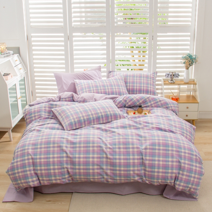 91家纺网 家纺一手货源 找家纺 柠萌家居 2022新款A类全棉色织水洗棉无印风格四件套 星空紫格