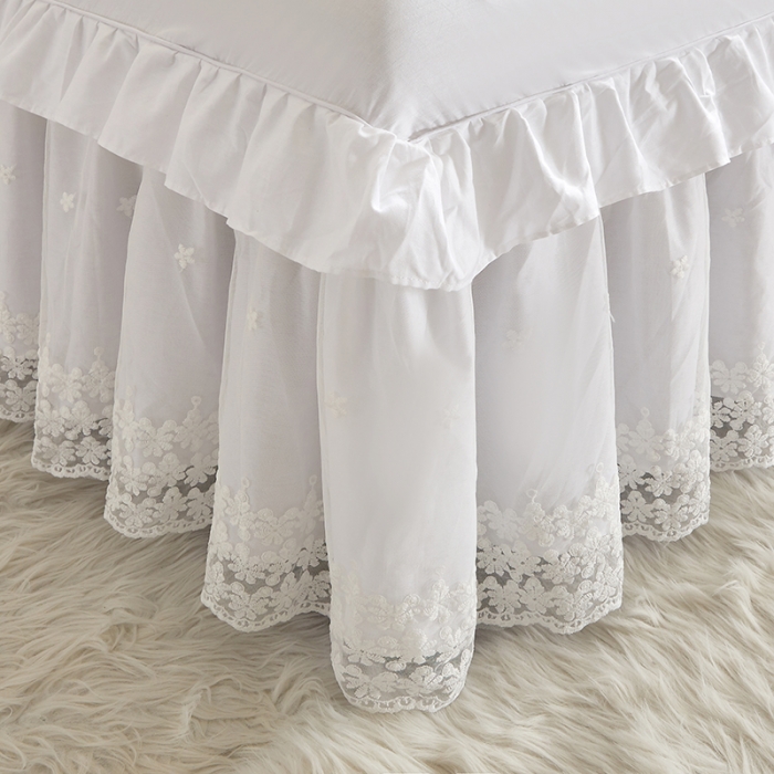 91家纺网 家纺一手货源 找家纺 十个点 2022新款纯色全棉公主风蕾丝花边床裙四件套 白色