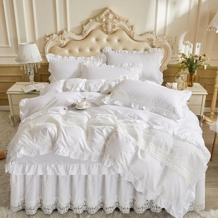 十个点 2022新款纯色全棉公主风蕾丝花边床裙四件套 白色