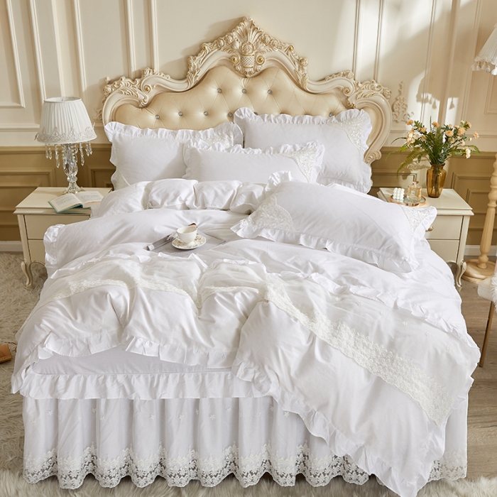 91家纺网 家纺一手货源 找家纺 十个点 2022新款纯色全棉公主风蕾丝花边床裙四件套 白色
