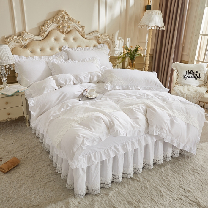 91家纺网 家纺一手货源 找家纺 十个点 2022新款纯色全棉公主风蕾丝花边床裙四件套 白色