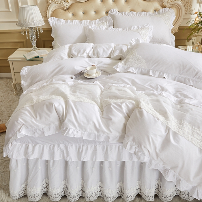 91家纺网 家纺一手货源 找家纺 十个点 2022新款纯色全棉公主风蕾丝花边床裙四件套 白色