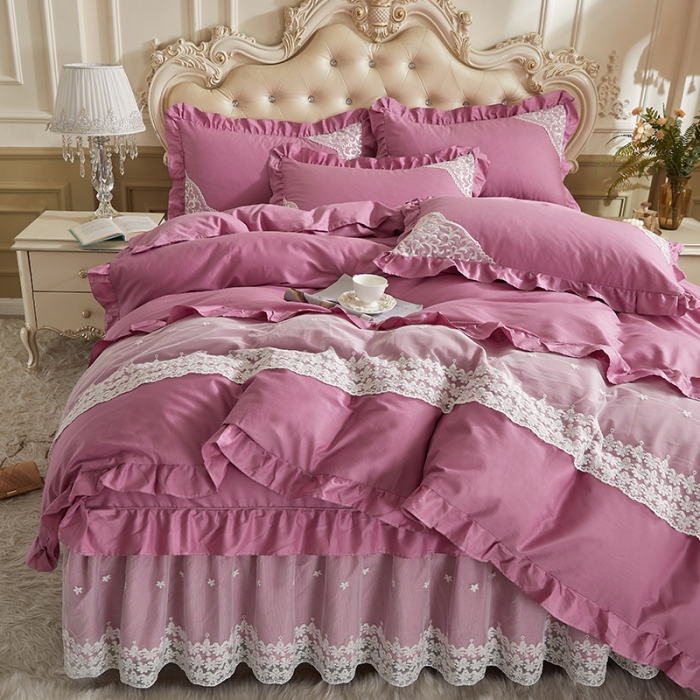 91家纺网 家纺一手货源 找家纺 十个点 2022新款纯色全棉公主风蕾丝花边床裙四件套 豆沙色