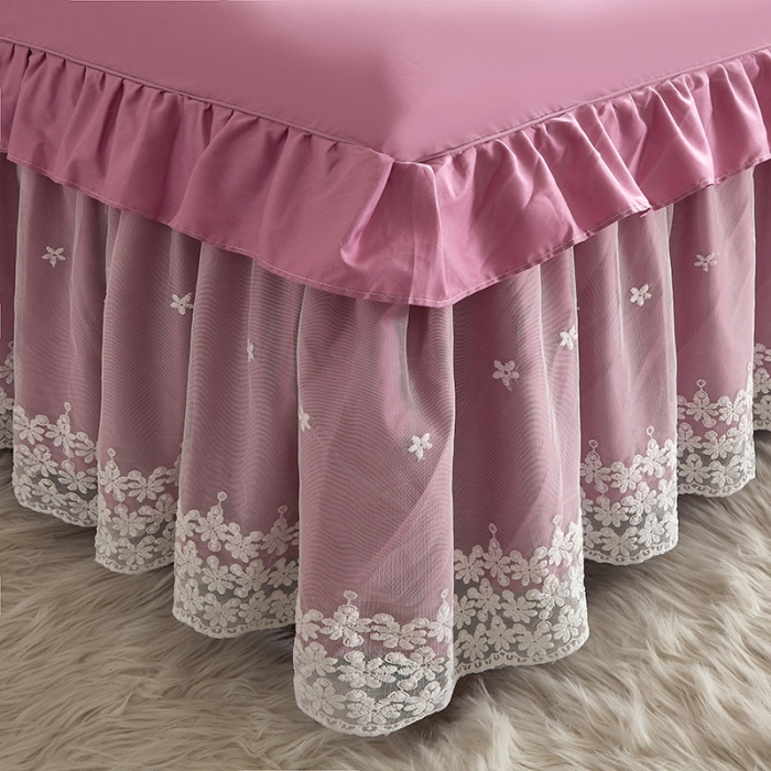 91家纺网 家纺一手货源 找家纺 十个点 2022新款纯色全棉公主风蕾丝花边床裙四件套 豆沙色