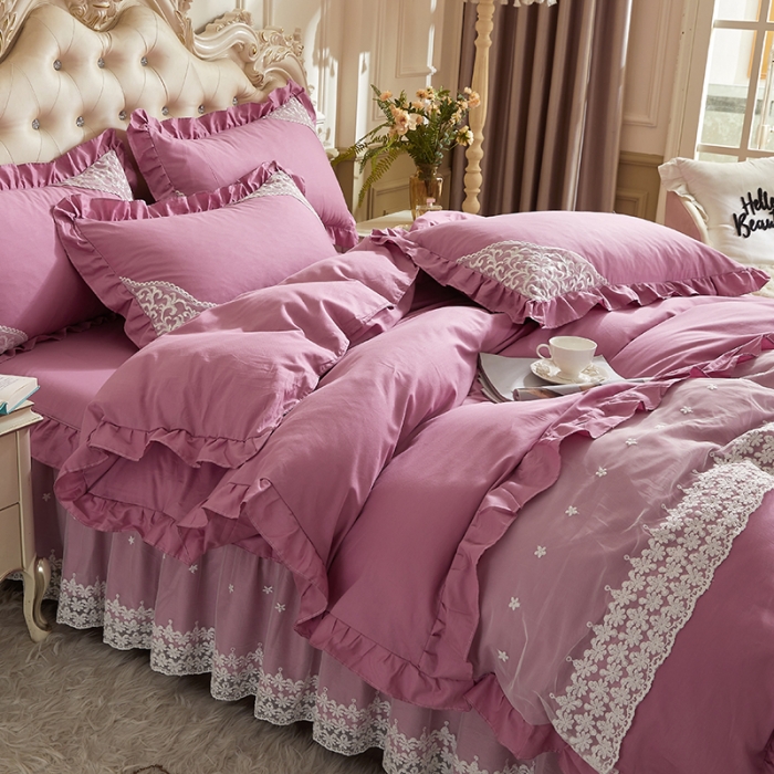 91家纺网 家纺一手货源 找家纺 十个点 2022新款纯色全棉公主风蕾丝花边床裙四件套 豆沙色