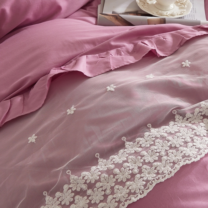 91家纺网 家纺一手货源 找家纺 十个点 2022新款纯色全棉公主风蕾丝花边床裙四件套 豆沙色