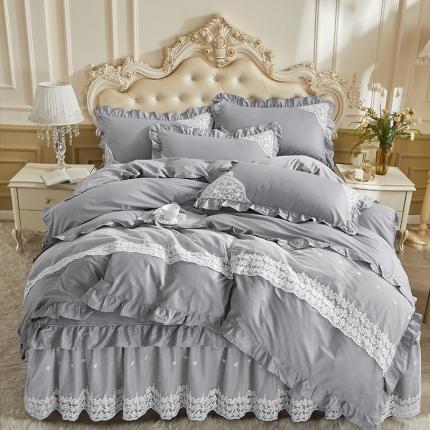 十个点 2022新款纯色全棉公主风蕾丝花边床裙四件套 灰色