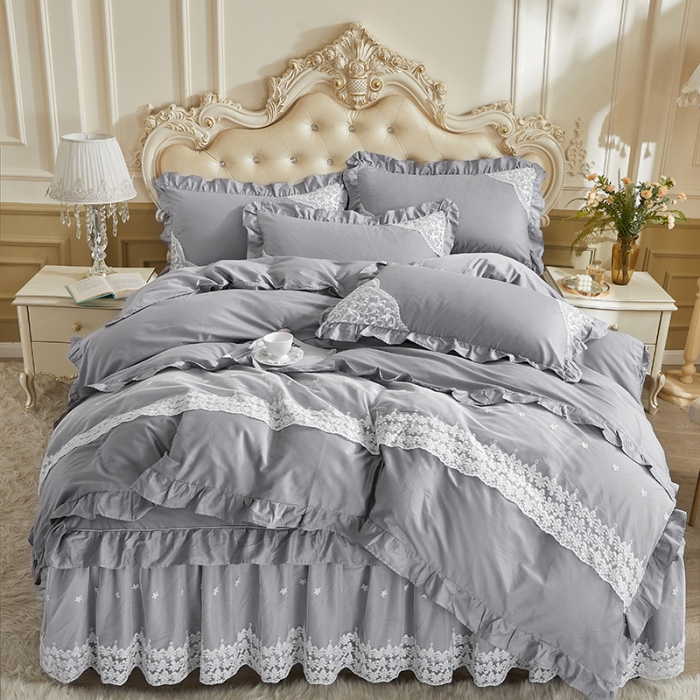 91家纺网 家纺一手货源 找家纺 十个点 2022新款纯色全棉公主风蕾丝花边床裙四件套 灰色